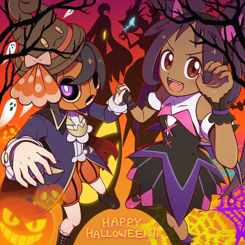 1boy 1girl allister_(fall_2022)_(pokemon) allister_(pokemon) bare_tree brown_headwear character_hat commentary_request dark-skinned_female dark_skin dress fake_horns fangs ghost gourgeist happy_halloween highres holding_hands horns ichina0107 iris_(fall_2022)_(pokemon) iris_(pokemon) jack-o'-lantern mask naganadel official_alternate_costume open_mouth pokemon pokemon_(creature) pokemon_(game) pokemon_masters_ex purple_eyes purple_hair red_eyes sleeveless sleeveless_dress tree v-shaped_eyebrows