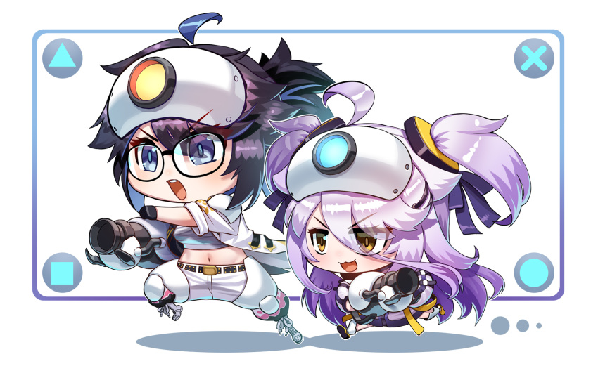 2girls :3 agustinus ahoge aperture_science_handheld_portal_device atlas_(portal) atlas_(portal)_(cosplay) belt black_belt black_gloves black_jacket blue_eyes breasts chest_sarashi chibi cosplay crocs glasses gloves hair_between_eyes hair_ornament hairpin henya_the_genius highres jacket kson large_breasts long_bangs long_hair looking_at_viewer multicolored_clothes multicolored_jacket multiple_girls navel open_mouth p-body p-body_(cosplay) pants ponytail portal_(series) portal_2 purple_jacket sarashi sidelocks small_breasts souchou teeth two-tone_jacket two_side_up upper_teeth_only virtual_youtuber vshojo white_jacket white_pants yellow_eyes yellow_footwear