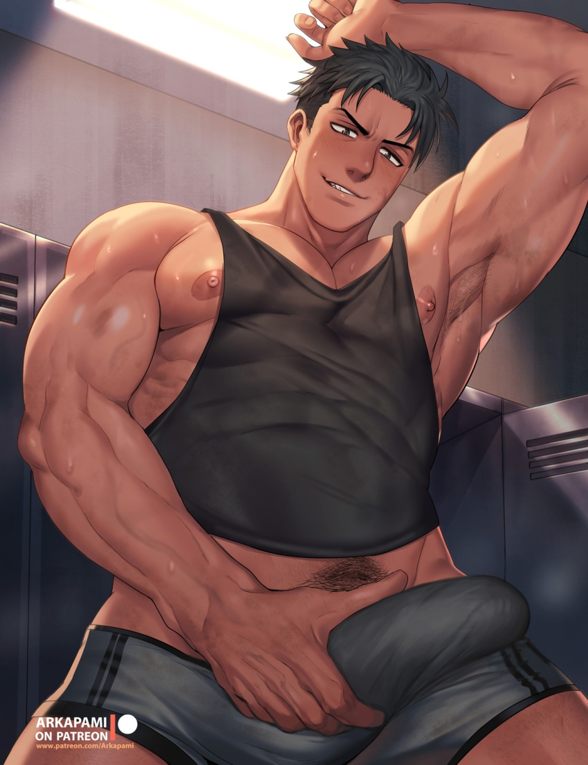 1boy akitaru_oubi arkapami arm_up bara black_tank_top boxers bulge covered_abs en'en_no_shouboutai erection erection_under_clothes facial_hair grey_male_underwear highres indoors large_pectorals legs_apart locker locker_room male_focus male_masturbation male_pubic_hair male_underwear masturbation muscular muscular_male nipple_slip nipples nose paid_reward_available patreon_logo patreon_username pectorals pubic_hair short_hair sideburns solo stubble sweat tank_top thick_thighs thighs underwear v-shaped_eyebrows watermark web_address