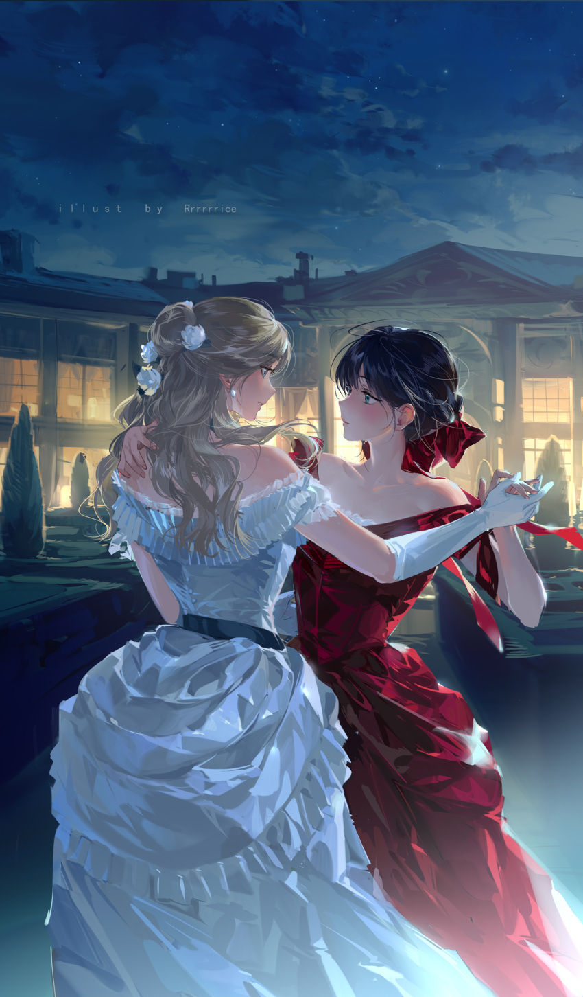 2girls black_hair blonde_hair bow couple dancing dress earrings evening_gown flower gloves gown hair_bun hair_flower hair_ornament half_updo highres jewelry looking_at_another multiple_girls original outdoors profile red_bow red_dress red_ribbon ribbon rrr_(reason) single_hair_bun white_dress white_flower white_gloves yuri
