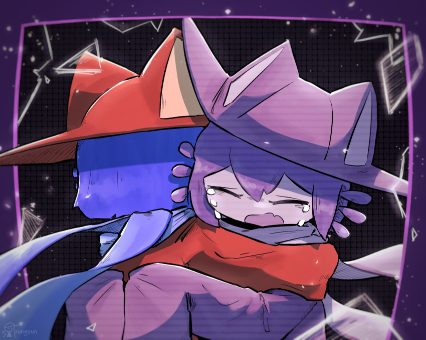 2others androgynous animal_ears animal_hat blue_hair blue_scarf broken brown_tunic cat_ears cat_hat clone closed_eyes crying hat highres hug monitor multiple_others niko_(oneshot) oneshot_(game) open_mouth pungsun scarf tunic whiskers