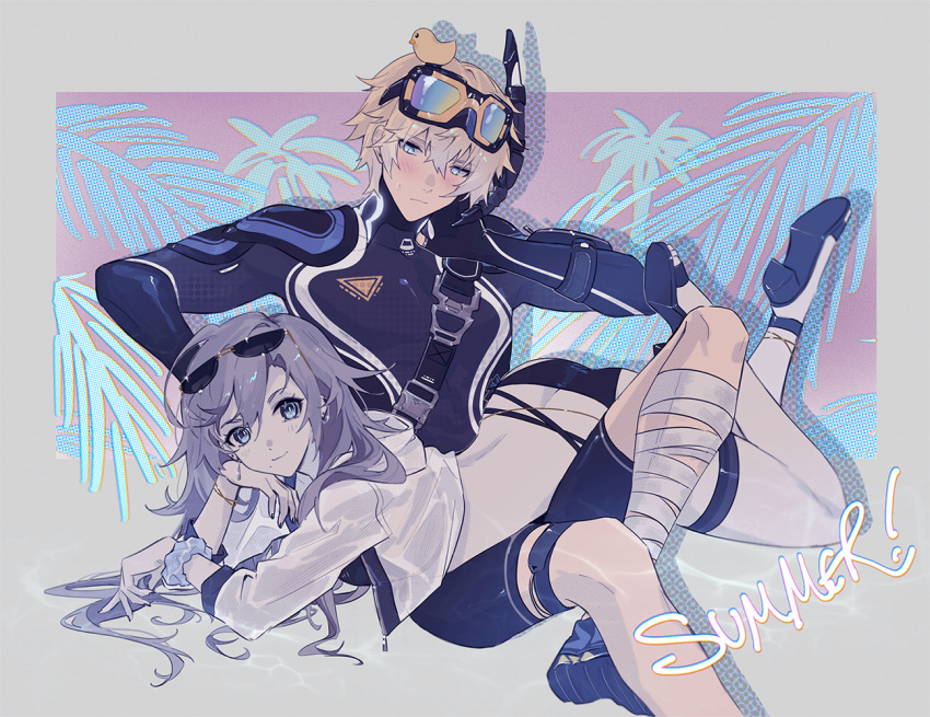 1boy 1girl bandaged_leg bandages black_panties blonde_hair blue_eyes blue_wetsuit closed_mouth commandant_(punishing:_gray_raven) eyewear_on_head goggles goggles_on_head grey_eyes grey_hair jacket lee:_hyperreal_(punishing:_gray_raven) lee_(punishing:_gray_raven) long_hair mao_(expuella) messy_hair midriff original panties punishing:_gray_raven rubber_duck scrunchie short_hair snorkel sunglasses thighhighs underwear white_jacket white_thighhighs wrist_scrunchie