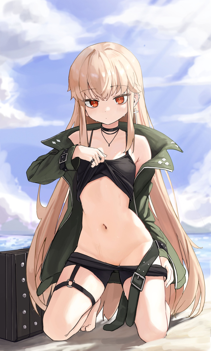1girl absurdres auuufox black_choker black_shorts blonde_hair breasts choker clothes_lift clothes_pull cloud cross cross_earrings day earrings girls'_frontline green_jacket highres jacket jewelry kneeling long_hair long_sleeves looking_at_viewer necklace no_panties o-ring o-ring_thigh_strap open_clothes open_jacket outdoors red_eyes ring sand shorts sidelocks sky small_breasts solo thigh_strap type_80_(girls'_frontline) very_long_hair