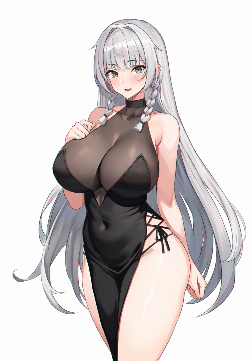 1girl absurdres azur_lane bare_arms bare_shoulders bilei black_dress blush braid breasts collarbone covered_navel dress grey_eyes grey_hair highres large_breasts long_hair looking_at_viewer open_mouth simple_background smile solo thighs twin_braids vittorio_veneto_(azur_lane) white_background