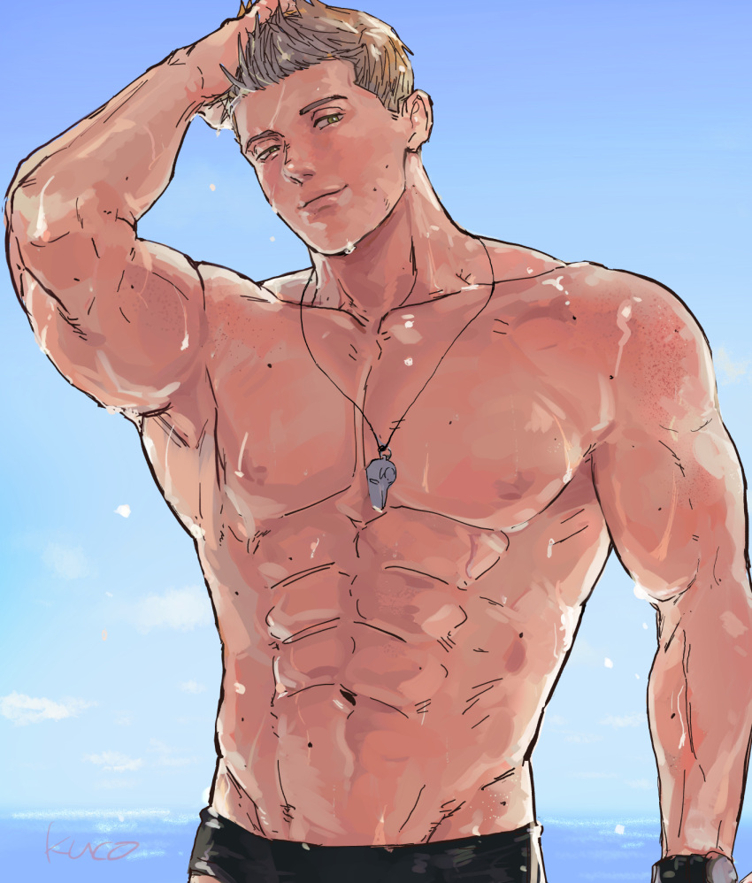 1boy abs artist_name bara brown_hair closed_mouth highres kuconoms large_pectorals male_focus muscular muscular_male navel nipples pectorals piers_nivans resident_evil resident_evil_6 short_hair smile solo wet wet_face wet_hair whistle whistle_around_neck