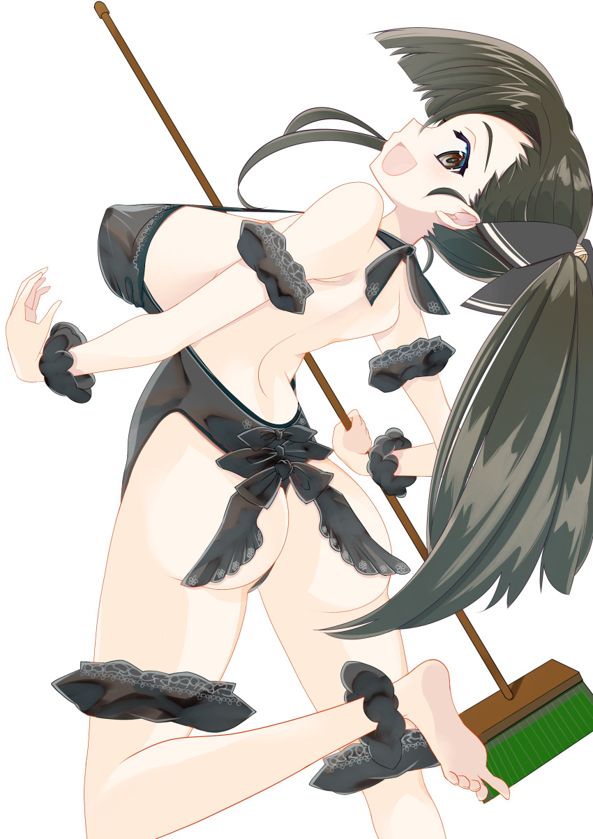 1girl absurdres alternate_hairstyle ankle_scrunchie arched_back arm_scrunchie ass asymmetrical_bangs backless_swimsuit barefoot black_eyes black_hair black_one-piece_swimsuit black_ribbon black_scrunchie breasts bridal_garter broom commentary from_behind girls_und_panzer hair_ribbon hair_up halterneck highres holding holding_broom large_breasts leg_up lingerie long_hair looking_at_viewer looking_back nishi_kinuyo one-piece_swimsuit open_mouth ribbon scrunchie smile solo standing standing_on_one_leg swimsuit thong underwear whitemaiden wrist_scrunchie