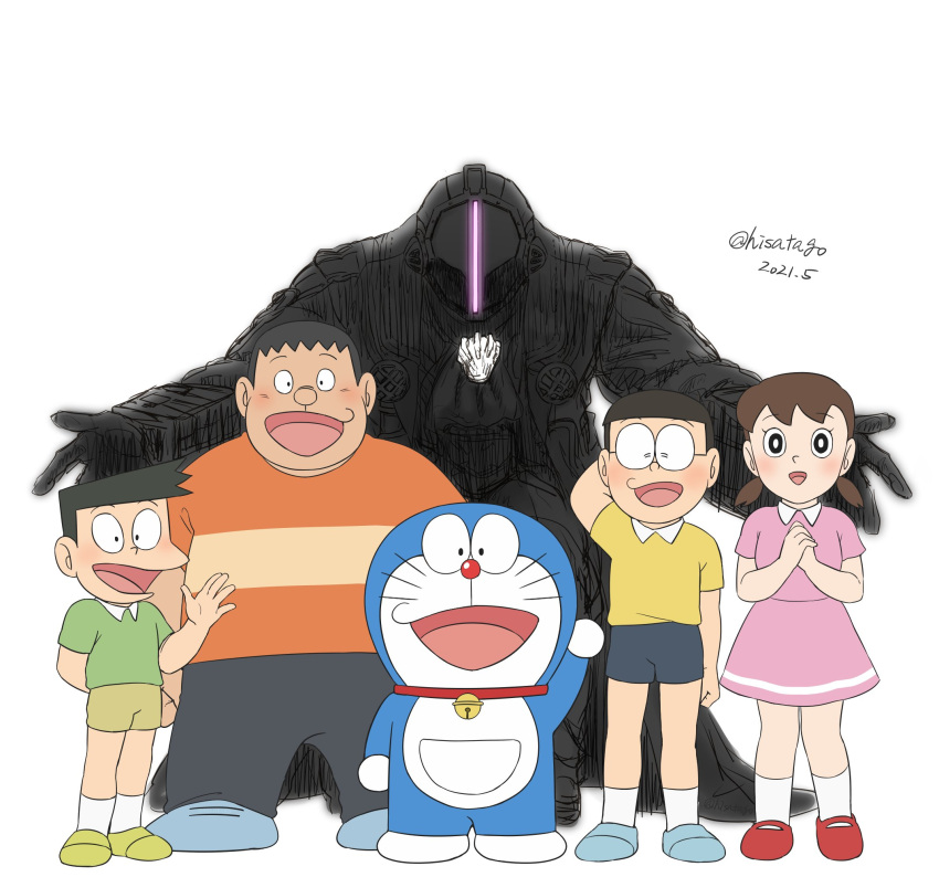 1girl 4boys bad_id bad_twitter_id bell black_coat black_gloves black_hair black_pants black_shorts blue_footwear bondrewd bright_pupils brown_hair brown_shorts closed_eyes coat commentary_request crossover dated doraemon doraemon_(character) fujiko_f_fujio_(style) full_body glasses gloves gouda_takeshi green_shirt highres hisatago honekawa_suneo jingle_bell looking_at_viewer made_in_abyss mask masked minamoto_shizuka multiple_boys nobi_nobita open_mouth orange_shirt overcoat pants pink_shirt pink_skirt round_eyewear shirt shoes short_bangs short_hair short_sleeves shorts simple_background skirt skirt_set smile socks twitter_username waving whistle whistle_around_neck white_background white_pupils white_socks yellow_shirt