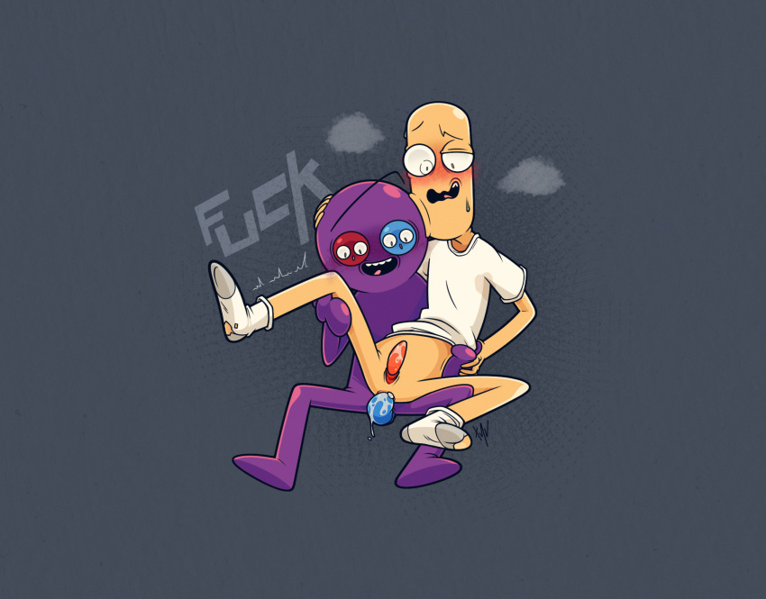 alien anal bodily_fluids chairorpian clothing cum cum_in_ass cum_inside duo english_text eyehole_monster featureless_feet footwear genital_fluids hi_res leaking_cum male male/male penis_tentacles purple_body shirt socks sweat tentacles text the_chairorpian_(trover_saves_the_universe) topwear trover_phillips_(trover_saves_the_universe) trover_saves_the_universe xnv69 yellow_body