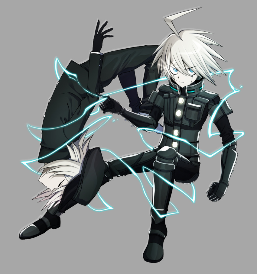 1boy ahoge black_gloves black_headwear black_jacket black_pants danganronpa_(series) danganronpa_v3:_killing_harmony full_body gakuran gloves green_eyes grey_background grey_hair haji_(hajimaji) highres jacket k1-b0 male_focus multiple_views official_alternate_costume pants power_armor school_uniform simple_background spiked_hair