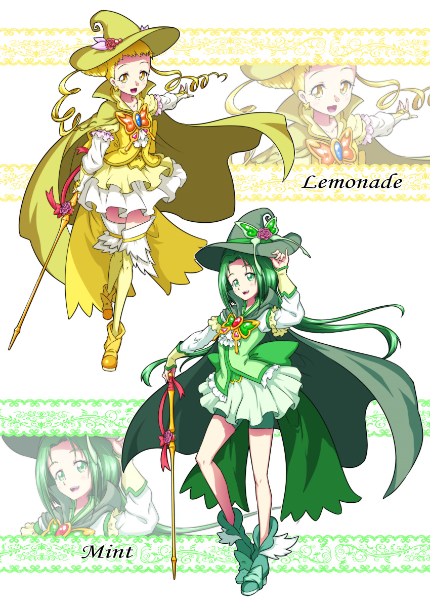 2girls :d absurdres adapted_costume akimoto_komachi alternate_costume bike_shorts bike_shorts_under_skirt boots brooch cape character_name commentary_request cure_lemonade cure_mint drill_hair earrings eyelashes green_cape green_footwear green_vest happy hat highres jewelry kasugano_urara_(yes!_precure_5) large_hat long_hair looking_at_viewer magical_girl matatabi_(karukan222) multiple_girls open_mouth precure puffy_sleeves shorts shorts_under_skirt skirt smile staff standing thighhighs thighs twin_drills twintails vest wand witch witch_hat yellow_cape yellow_footwear yellow_thighhighs yellow_vest yes!_precure_5 yes!_precure_5_gogo!