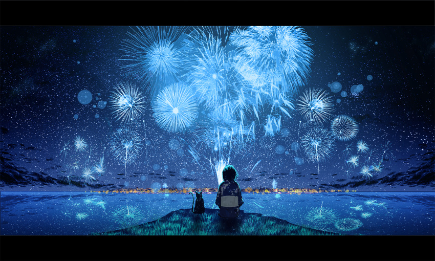 1girl aerial_fireworks black_cat black_hair blue_kimono blue_theme blurry bokeh cat chocoshi city_lights cliff cloud commentary_request dark_clouds depth_of_field fireworks floral_print from_behind horizon japanese_clothes kimono lens_flare lens_flare_abuse letterboxed new_year night night_sky obi ocean original outdoors reflection reflective_water sash scenery shore short_hair sitting sky skyline solo star_(sky) starry_sky yukata