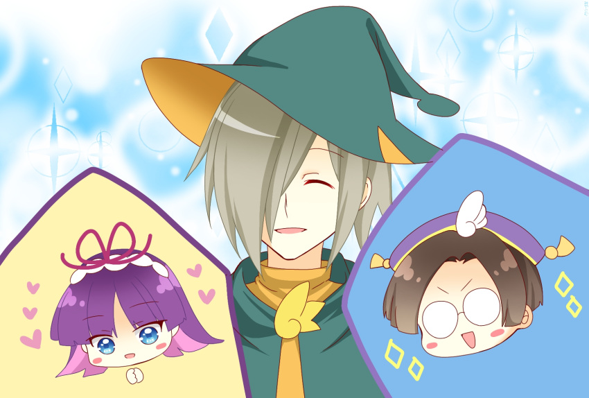 blue_eyes blush bow brown_hair closed_eyes feli_(puyopuyo) glasses green_headwear grey_hair hair_over_one_eye hat heart highres klug_(puyopuyo) lemres_(puyopuyo) miyakomu purple_hair purple_headwear puyopuyo red_bow smile wizard_hat