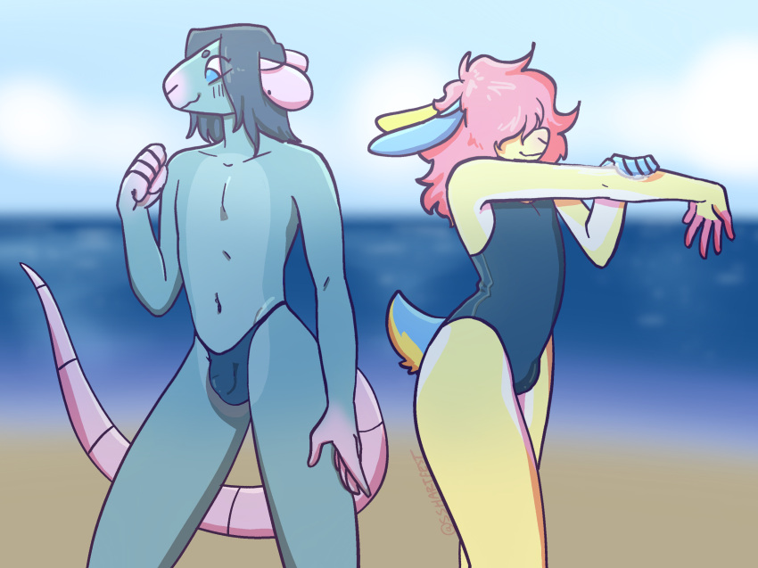 anthro beach bulge clothed clothing detailed_bulge duo flaccid genital_outline genitals girly hi_res lagomorph leporid male mammal murid murine one-piece_swimsuit penis penis_outline rabbit rat rodent seaside speedo speedo_only sshartfest swimwear topless