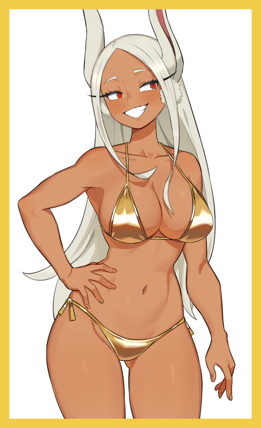 1girl :d animal_ears ass_visible_through_thighs bare_shoulders bikini blush boku_no_hero_academia border breasts cleavage collarbone dark-skinned_female dark_skin flowers-imh gold_bikini hand_on_own_hip highres large_breasts long_eyelashes long_hair looking_to_the_side mirko navel parted_bangs rabbit_ears rabbit_girl red_eyes side-tie_bikini_bottom smile solo stomach swimsuit teeth thighs toned white_background white_hair yellow_border