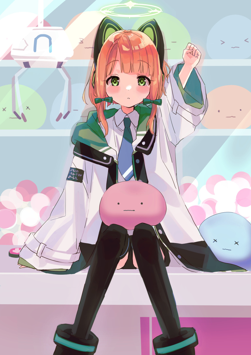 1girl absurdres arm_up black_thighhighs blue_archive blue_necktie blunt_bangs blush_stickers bow clenched_hand commentary crane_game dress_shirt feet_out_of_frame green_bow green_eyes green_halo hair_bow halo highres hood hooded_jacket jacket knees_together_feet_apart long_hair long_sleeves looking_at_viewer midori_(blue_archive) necktie open_clothes open_jacket orange_hair parted_lips ponpon_nun shirt sidelocks sitting solo straight_hair tareme thighhighs white_jacket white_shirt wide_sleeves