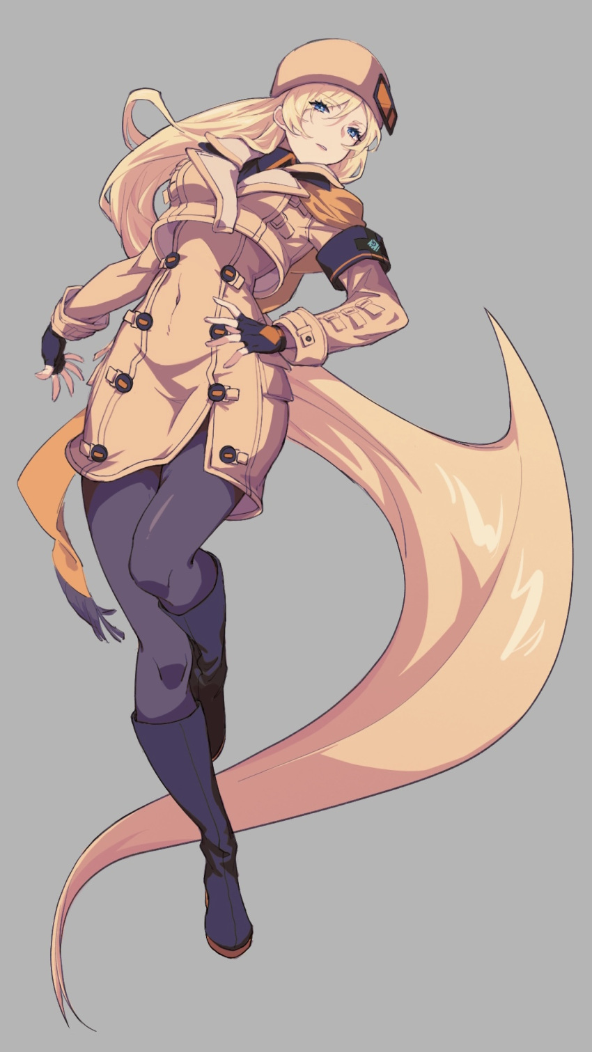 absurdly_long_hair arm_scarf black_footwear black_gloves black_leggings black_pantyhose blonde_hair blue_eyes boots breasts brown_coat coat covered_navel fingerless_gloves full_body fur_hat gloves grey_background guilty_gear guilty_gear_strive hair_between_eyes hand_on_own_hip hat highres kuangren_k leggings long_hair long_sleeves looking_at_viewer medium_breasts millia_rage orange_headwear orange_scarf pantyhose parted_lips prehensile_hair scarf simple_background solo ushanka very_long_hair