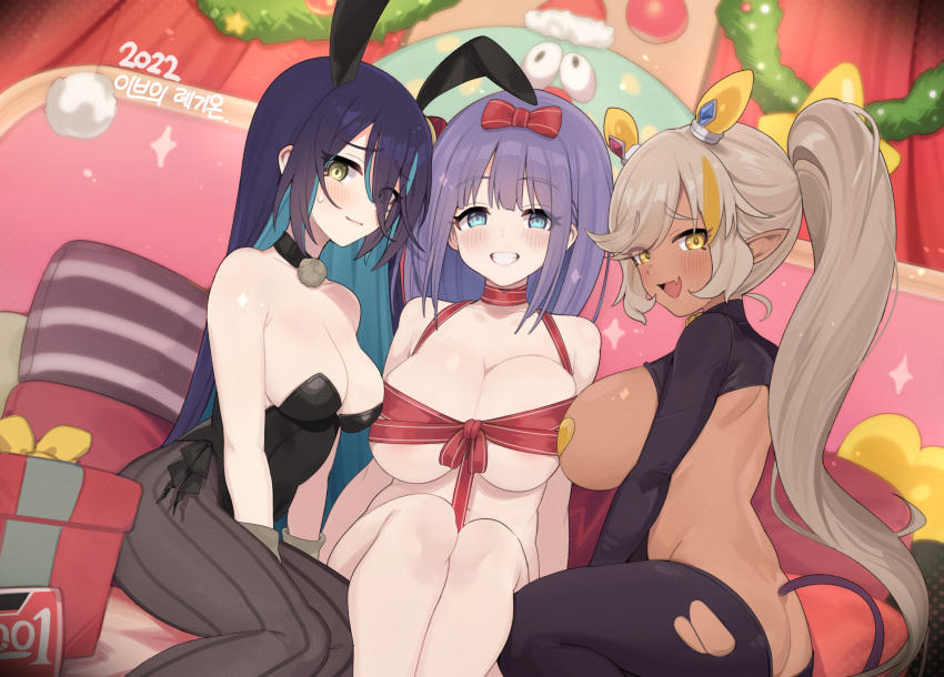 animal_ears ass black_choker black_leotard black_pantyhose blush breasts choker christmas_ornaments cleavage closed_mouth condom fake_animal_ears fang gift grin haruka1638 highres leotard looking_at_viewer meme_attire misora_(princess_connect!) naked_ribbon nea_(princess_connect!) open_mouth pantyhose pasties playboy_bunny ponytail princess_connect! rabbit_ears ranpha_(princess_connect!) reverse_bunnysuit reverse_outfit ribbon skin_fang smile tail torn_clothes torn_pantyhose