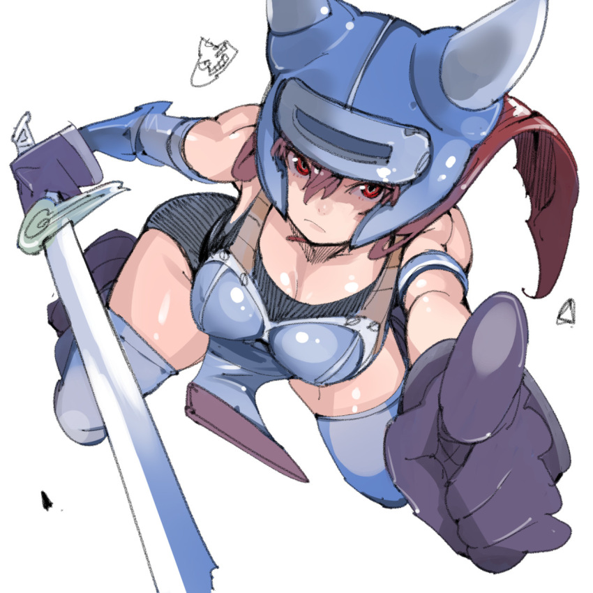 1girl armlet armor blue_armor blue_thighhighs breasts brown_eyes closed_mouth daisy_(dq) dragon_quest dragon_quest_yuusha_abel_densetsu fake_horns full_body gem gloves helmet highres horned_helmet horns long_hair looking_at_viewer simple_background slime_(dragon_quest) solo sword takayama_toshinori thighhighs weapon white_background