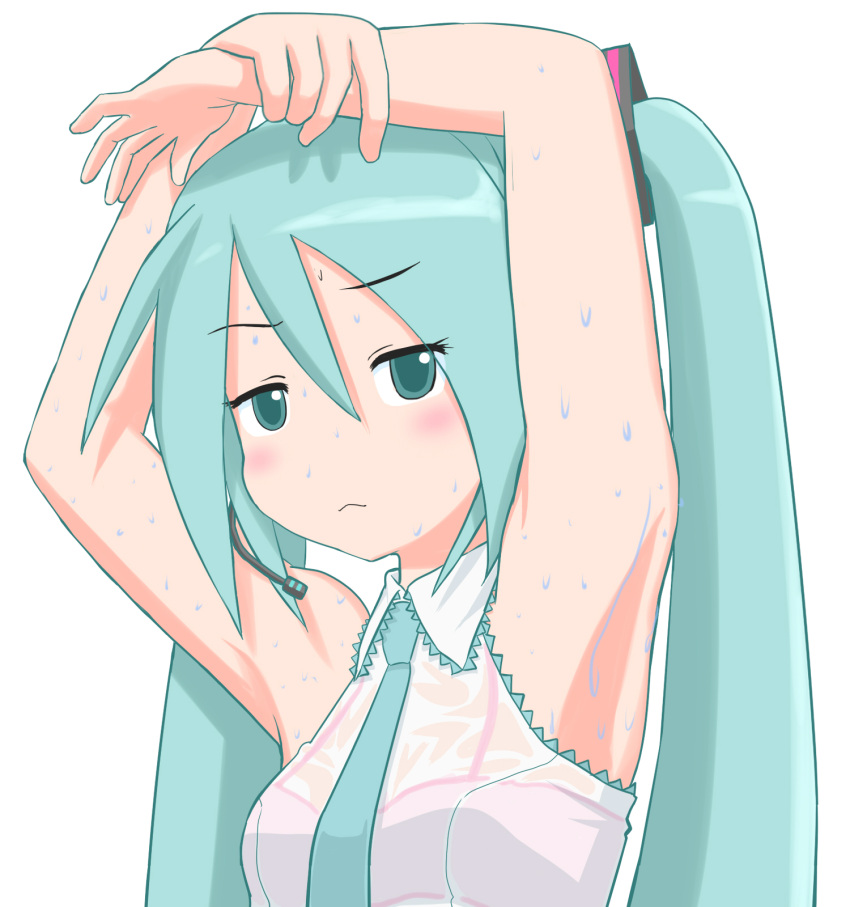 1girl aqua_eyes aqua_hair aqua_necktie armpits arms_up blush bra bra_visible_through_clothes breasts closed_mouth collar green_eyes green_hair hair_between_eyes hatsune_miku highres holding_own_arm long_hair looking_at_viewer microphone nanawapon necktie pink_bra presenting_armpit see-through see-through_shirt simple_background sleeveless small_breasts sweat sweaty_clothes twintails underwear upper_body very_long_hair vocaloid white_background