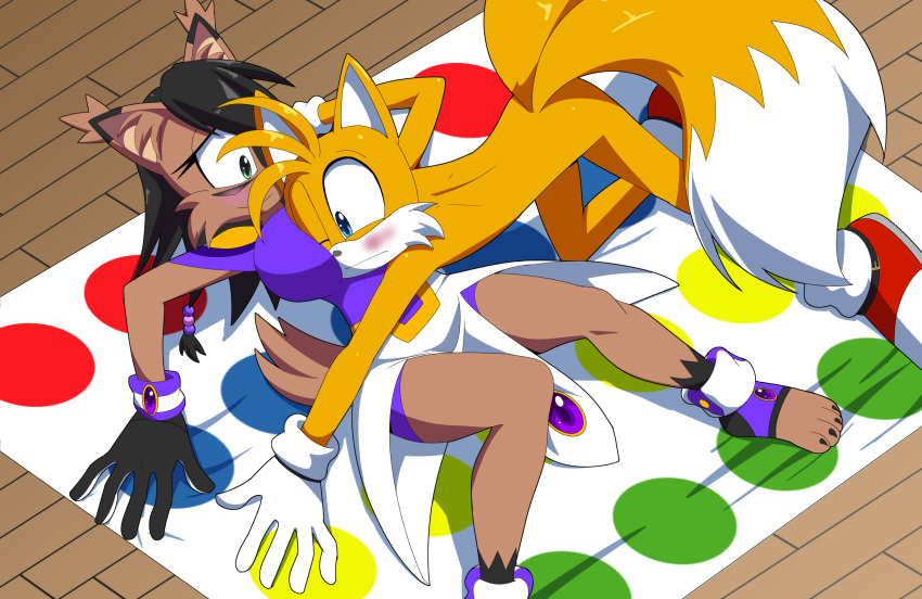 4_toes anthro archie_comics blush breasts canid canine duo face_in_breasts feet felid feline female fox hi_res kojiro-brushard lynx male male/female mammal miles_prower nicole_the_lynx one_eye_closed sega sonic_the_hedgehog_(archie) sonic_the_hedgehog_(comics) sonic_the_hedgehog_(series) toes twister