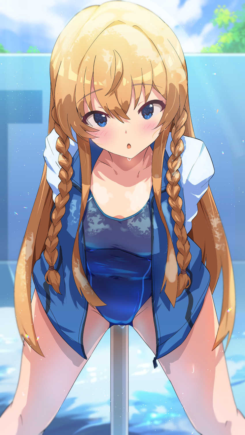1girl absurdres bare_arms blonde_hair blue_eyes blue_sky blush braid breasts competition_swimsuit covered_navel highleg highleg_swimsuit highres idolmaster idolmaster_million_live! jacket kousaka_umi leaning_forward looking_at_viewer medium_breasts one-piece_swimsuit open_clothes open_jacket open_mouth outdoors pool sanami_(sanami_t_38) sky solo swimsuit twin_braids