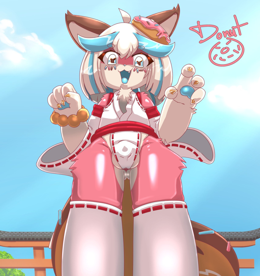 asian_clothing balls balls_outline big_tail bulge canid canine canis clothing dessert detailed_bulge domestic_dog donut_(misterdonut) doughnut east_asian_clothing food food_creature fur genital_outline genitals girly hair hi_res japanese_clothing kemono male mammal miko_outfit misterdonut multi_nipple nipples open_mouth pawpads paws pink_body pink_fur sheath_outline sprinkles tail white_hair