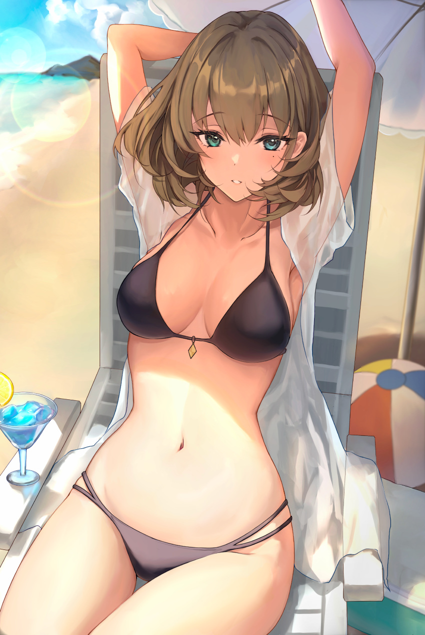 1girl absurdres armpits arms_up ball beach beach_chair beachball bikini black_bikini blush bob_cut breasts breasts_apart cocktail_glass collarbone commentary_request cup drinking_glass green_hair groin heterochromia highres idolmaster idolmaster_cinderella_girls lens_flare looking_at_viewer medium_breasts navel nyome991 outdoors parasol see-through see-through_shirt sitting solo swimsuit takagaki_kaede umbrella