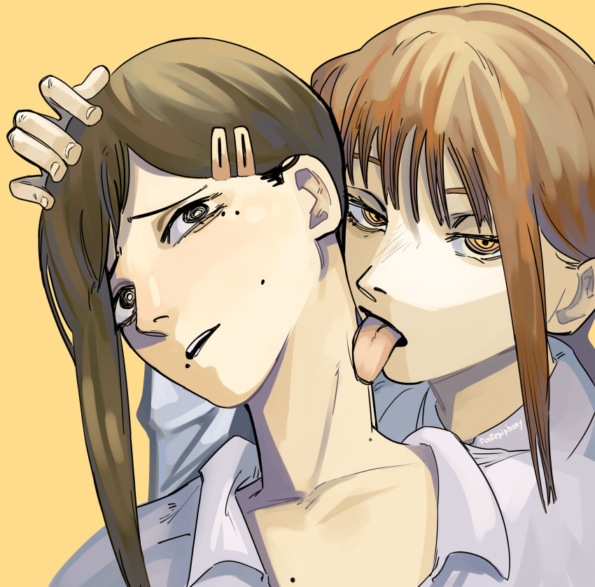2girls @_@ absurdres artist_name black_eyes brown_hair chainsaw_man collarbone commentary english_commentary eyebrows_hidden_by_hair hair_ornament hairclip hand_on_another's_head higashiyama_kobeni highres licking licking_neck makima_(chainsaw_man) mole mole_on_neck mole_under_eye mole_under_mouth multiple_girls multiple_moles orange_eyes pastepiphany red_hair ringed_eyes signature tongue tongue_out yuri
