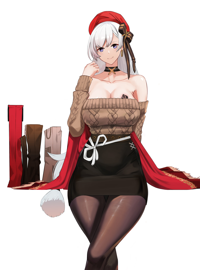 1girl absurdres aran_sweater azur_lane bare_shoulders belfast_(azur_lane) belfast_(shopping_with_the_head_maid)_(azur_lane) beret black_bow black_choker black_skirt bow breasts brown_pantyhose brown_sweater cable_knit choker cleavage collarbone commentary_request earrings feet_out_of_frame h0shiidesu hair_bow hand_up hat highres jewelry large_breasts long_hair long_sleeves looking_at_viewer off-shoulder_sweater off_shoulder pantyhose pencil_skirt purple_eyes red_headwear simple_background skirt smile solo sweater thighs very_long_hair white_background white_hair