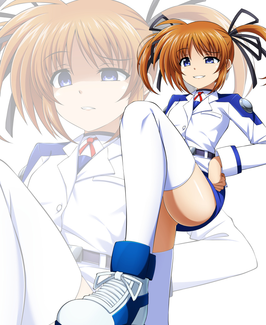 absurdres belt brown_hair commentary_request commission disdain eyebrows_hidden_by_hair grin hair_ribbon hands_on_own_hips highres long_sleeves lyrical_nanoha mahou_shoujo_lyrical_nanoha miniskirt oshimaru026 partially_shaded_face pixiv_commission purple_eyes red_ribbon ribbon short_twintails skirt smile smug takamachi_nanoha thighhighs tsab_air_military_uniform tsab_executive_military_uniform twintails white_background white_devil white_sneakers white_thighhighs