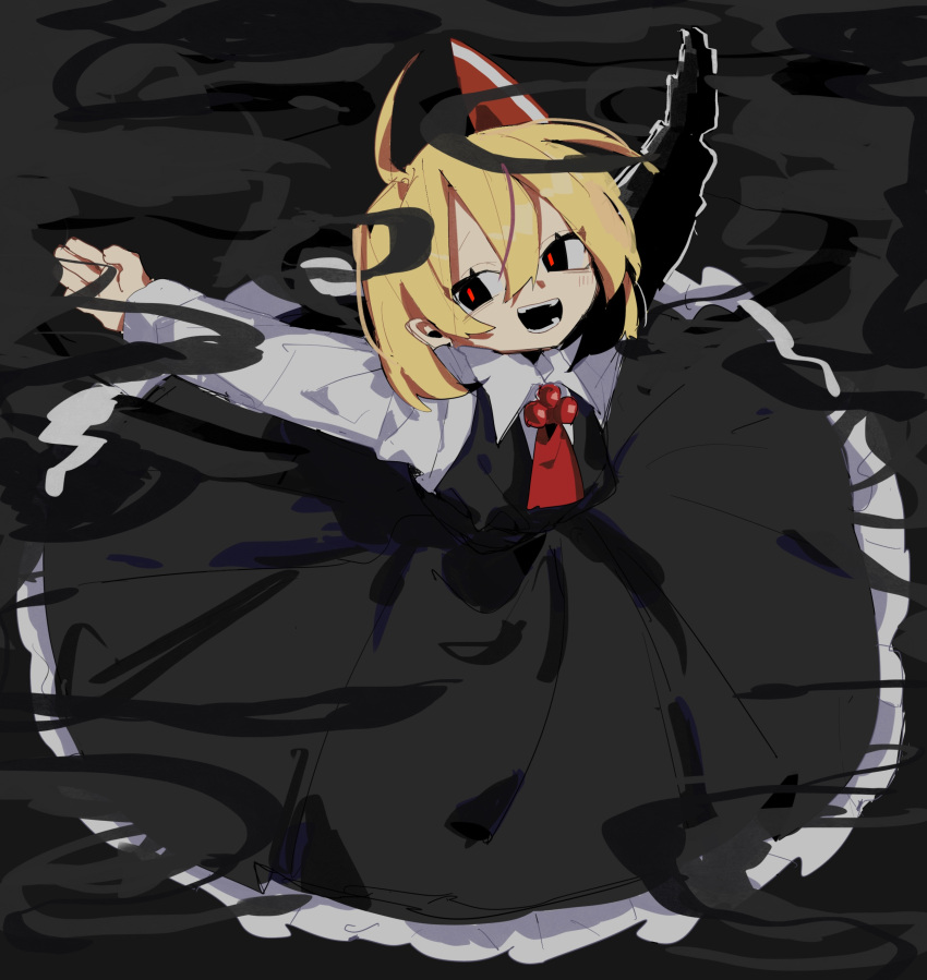 1girl absurdres ascot black_background black_eyes black_skirt black_vest blonde_hair collared_shirt dark_background darkness frilled_skirt frills from_above hair_between_eyes highres long_skirt long_sleeves looking_at_viewer looking_up medium_hair open_mouth red_ascot rumia shirt simple_background skirt so_happy_64 solo teeth touhou vest white_shirt