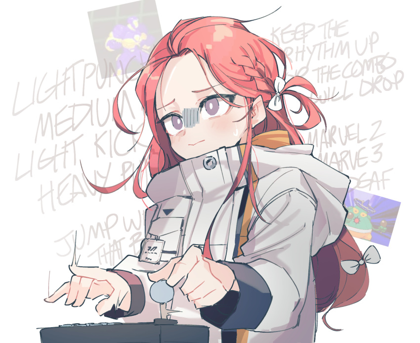 1girl amingo arcade_stick blue_archive blush bow braid character_request controller english_text eri_(erikiri) forehead game_controller grey_eyes halo highres holding holding_controller holding_game_controller jacket joystick long_hair long_sleeves marvel_vs._capcom marvel_vs._capcom_2 playing_games red_hair solo yuzu_(blue_archive)