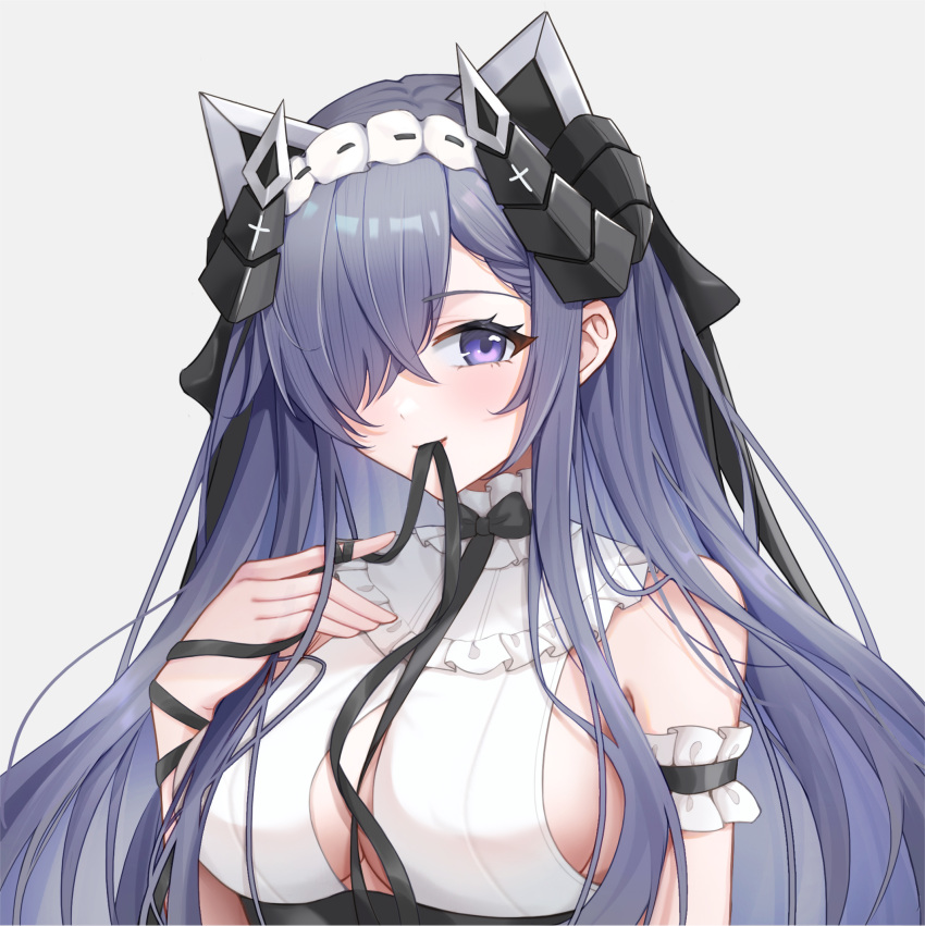 1girl 7fan animal_ears august_von_parseval_(azur_lane) august_von_parseval_(the_conquered_unhulde)_(azur_lane) azur_lane between_breasts black_bow black_horns black_ribbon bow breasts cat_ears cropped_dress curled_horns dot_nose dress frilled_dress frills hair_over_one_eye hairband hand_on_own_shoulder highres horns large_breasts mechanical_ears mechanical_horns mouth_hold official_alternate_costume purple_eyes purple_hair ribbon ribbon_in_mouth sleeveless smile solo two-tone_dress upper_body white_background white_hairband