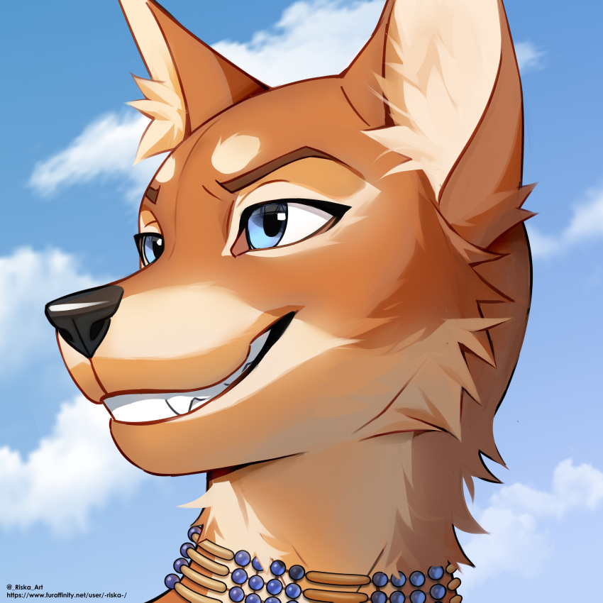 2023 absurd_res anthro black_nose blue_eyes brown_body brown_fur bruma_(rinzazen) canid canine canis cheek_tuft clenched_teeth cloud confident countershade_face countershading detailed_background digital_media_(artwork) english_text ethiopian_wolf eyebrows facial_tuft fluffy fur glistening glistening_eyes hairless headshot_portrait hi_res inner_ear_fluff jewelry looking_away male mammal multicolored_body multicolored_fur necklace open_mouth open_smile outside portrait riska_(artist) sky smile smiling_at_another solo teeth text tuft two_tone_body two_tone_fur url white_body white_fur