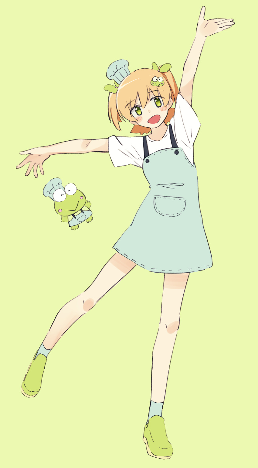 1boy 1girl :&gt; :d absurdres apron arm_up blonde_hair blush character_hair_ornament chef_hat closed_mouth crossover daiba_nana frog frog_hair_ornament full_body green_background green_eyes green_footwear green_ribbon grey_apron grey_headwear grey_socks hair_ornament hair_ribbon hand_up hasunoue_keroppi hat highres kero_kero_keroppi looking_at_viewer matching_outfits mini_hat open_mouth outstretched_arms pix3dayo pocket ribbon shirt shoes short_hair short_sleeves short_twintails shoujo_kageki_revue_starlight simple_background smile socks standing standing_on_one_leg tilted_headwear toque_blanche twintails white_shirt