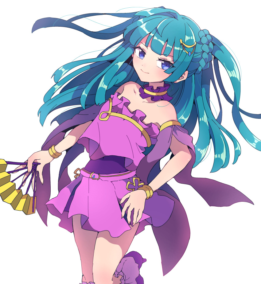 1girl bare_shoulders blue_eyes blue_hair blunt_bangs blunt_ends blush bracelet closed_mouth covered_navel crop_top detached_collar detached_sleeves folding_fan hand_fan highres holding holding_fan idol_clothes jewelry long_hair looking_at_viewer nojima_minami pink_skirt pretty_(series) pripara purple_footwear purple_sleeves simple_background skirt smile solo standing standing_on_one_leg tsukikawa_chiri two_side_up white_background