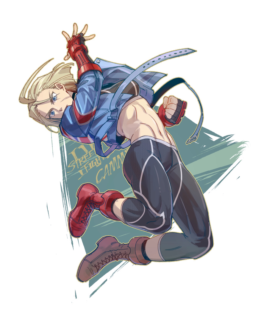 1girl abs absurdres blonde_hair blue_eyes blue_jacket cammy_white cropped_jacket gloves highres jacket jumping muscular muscular_female pants red_footwear short_hair street_fighter street_fighter_6 tight tight_pants toned yoga_pants yuiofire