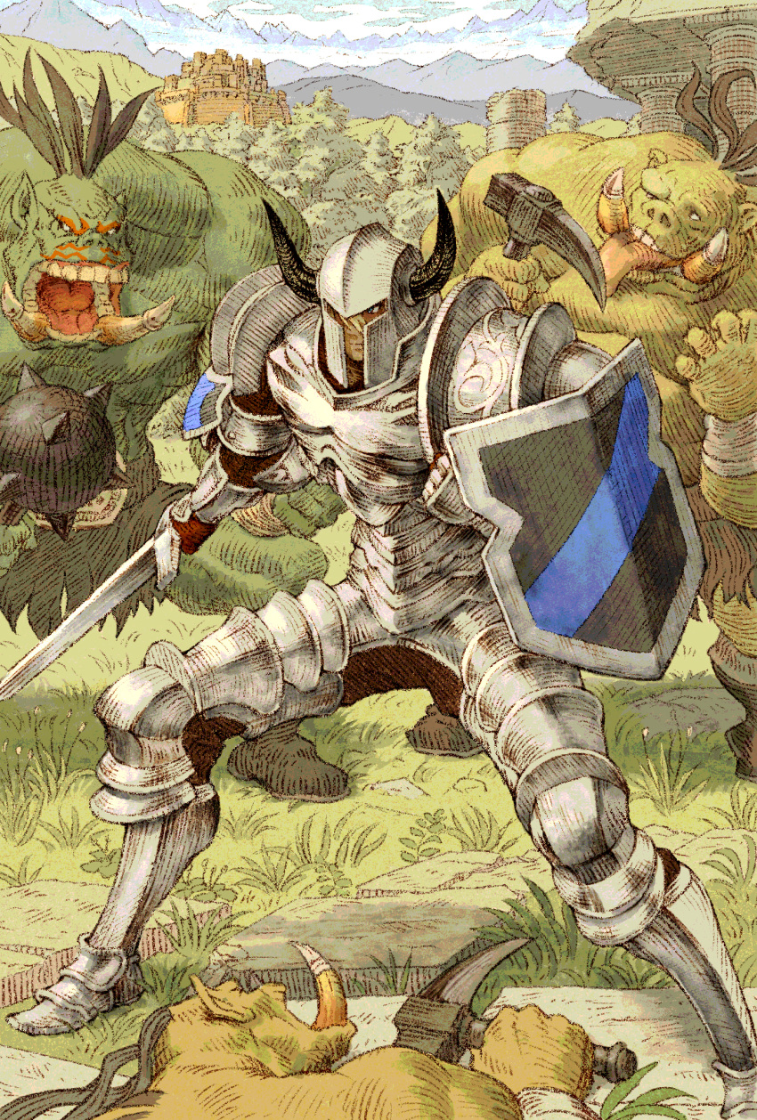 4boys armor bandaged_arm bandages black_hair blonde_hair breastplate colored_skin dragon's_crown fake_horns fighter_(dragon's_crown) fighting_stance full_body grass green_skin hair_between_eyes helmet highres holding holding_pickaxe holding_shield holding_sword holding_weapon horned_helmet horns looking_to_the_side lower_teeth_only mace male_focus metal_boots mountain multiple_boys open_mouth orc outdoors pavement pickaxe plate_armor shield shinichi_kobe shoulder_armor sword teeth tongue tongue_out tree upper_teeth_only weapon