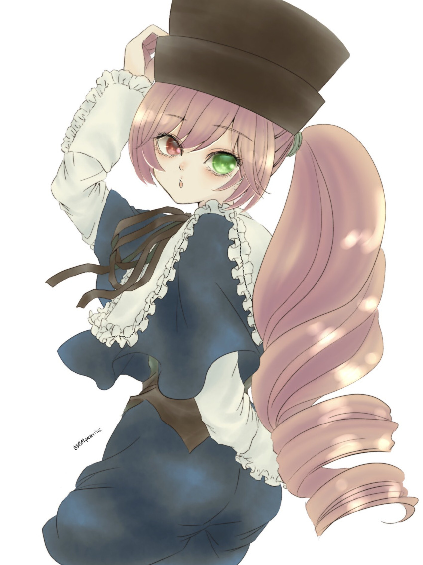 1girl :o black_headwear black_ribbon blush brown_hair cosplay cowboy_shot drill_hair frills green_eyes hat heterochromia highres kiru_(m_putorius) long_hair long_sleeves looking_at_viewer neck_ribbon open_mouth red_eyes ribbon rozen_maiden shorts side_drill simple_background solo souseiseki souseiseki_(cosplay) suiseiseki top_hat