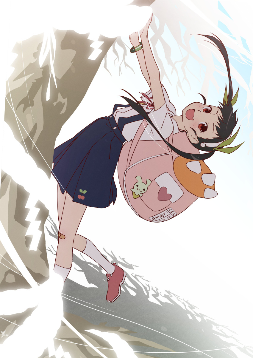 1girl absurdres backpack bag bakemonogatari bandaid bandaid_on_knee bandaid_on_leg black_hair blush fang green_ribbon hachikuji_mayoi hair_ribbon hairband highres looking_at_viewer makicha_(sasurainopink) monogatari_(series) open_mouth red_eyes ribbon school_uniform shirt skirt smile solo suspender_skirt suspenders twintails