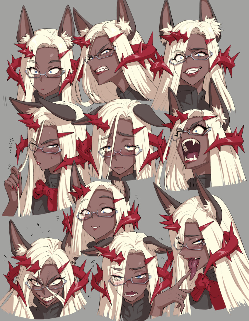 1girl animal_ear_fluff animal_ears annoyed black_jacket blonde_hair blue_eyes blush crazy_smile dark-skinned_female dark_skin ears_down expressions fangs finger_to_tongue frown fujii_eishun gekitetsu_(fujii_eishun) glasses highres jacket long_hair long_tongue looking_at_viewer multiple_views open_mouth original parted_lips red_nails sad smile smirk spiked_horns surprised tearing_up tongue tongue_out