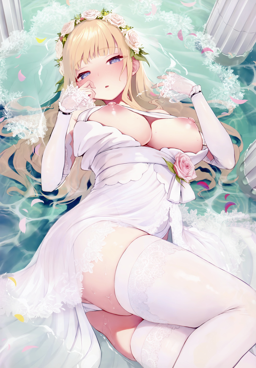 1girl absurdres blonde_hair blue_eyes blush breasts breasts_out bridal_gauntlets dress flower highres kawaraya_koh large_breasts long_hair looking_at_viewer lying nipples no_bra non-web_source on_side original panties parted_lips partially_submerged petals petals_on_liquid pink_flower pink_rose rose solo thighhighs thighs underwear wedding_dress wet wet_clothes white_dress white_thighhighs
