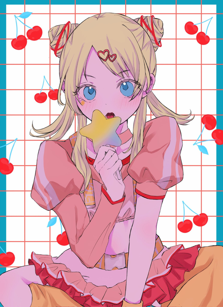 1girl :o asymmetrical_legwear asymmetrical_sleeves belt between_legs blonde_hair blue_eyes blush border butterfly_sitting cherry choker cone_hair_bun crop_top double_bun facepaint feet_out_of_frame food frilled_skirt frills fruit grid_background hachimiya_meguru hair_bun hair_ornament hand_between_legs heart heart_hair_ornament highres holding holding_star idolmaster idolmaster_shiny_colors juliet_sleeves long_sleeves looking_at_viewer low_twintails midriff momi_(frisch1022) open_mouth orange_belt orange_choker orange_socks pink_shirt pink_skirt puffy_short_sleeves puffy_sleeves shirt short_sleeves short_twintails sidelocks sitting skirt socks solo star_(symbol) striped striped_shirt twintails vertical-striped_shirt vertical_stripes