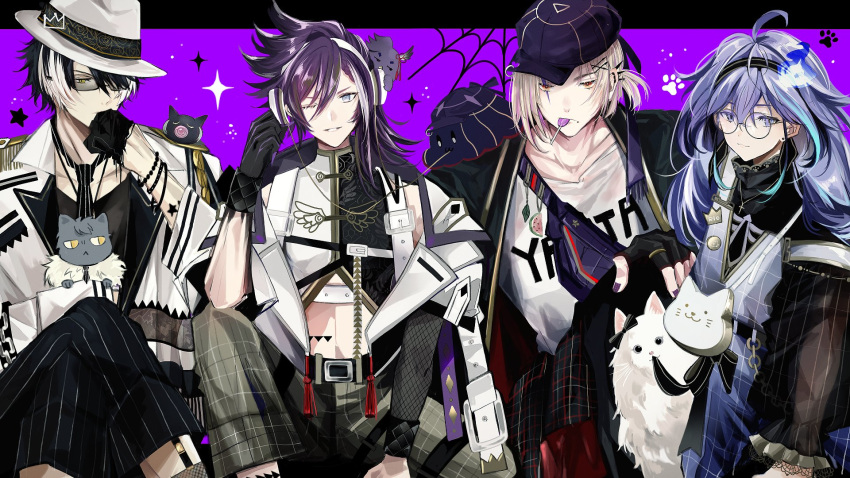 4boys :3 ;) ahoge aiguillette alternate_costume animal_bag animal_hug animal_on_head aqua_hair arm_tattoo asymmetrical_sleeves badge bag banzoin_hakka baseball_cap belt bespectacled bird bird_on_head black_belt black_gloves black_hair black_hairband black_jacket black_necktie black_pants black_shirt black_skin blonde_hair blue_overalls bracelet braid button_badge candy cat cat_bag chain closed_mouth color_connection colored_skin colored_tips creature creature_on_shoulder crop_top crossed_legs crown_(artist) ear_piercing earrings epaulettes facial_mark fanny_pack fedora feet_out_of_frame fingerless_gloves fishnet_sleeves floral_print food food_in_mouth french_braid glasses gloves gradient_clothes gradient_skin green_pants grey_cat grey_eyes hair_between_eyes hair_ornament hairband hairclip hakkito_(banzoin_hakka) half_gloves hand_to_own_mouth handbag hat headphones highres hitodama holostars holostars_english jacket jewelry kageyama_shien lace-trimmed_sleeves lace_trim layered_sleeves legwear_garter letterboxed lollipop long_hair long_sleeves looking_at_viewer low_ponytail magmite_(magni_dezmond) magni_dezmond male_focus medium_hair midriff minase_rio mole mole_under_mouth multicolored_hair multiple_boys nakayama_(kageyama_shien) necktie nekoyama_shien off_shoulder on_head on_shoulder one_eye_closed open_clothes open_jacket outside_border overalls pants parted_lips paw_print paw_print_background piercing pinstripe_pants pinstripe_pattern plaid plaid_overalls plaid_pants ponytail print_shirt purple_background purple_eyes purple_hair purple_headwear purple_nails ring rose_print round_eyewear shirt short_hair short_over_long_sleeves short_ponytail short_sleeves sitting sleeveless sleeveless_shirt smile sparkle_background spider_web_background star_tattoo starry_background streaked_hair striped striped_necktie stud_earrings sunglasses tassel tattoo turtleneck two-tone_hair two-tone_skirt v-neck virtual_youtuber white_belt white_cat white_hair white_headwear white_jacket wing_print wristband yellow_eyes