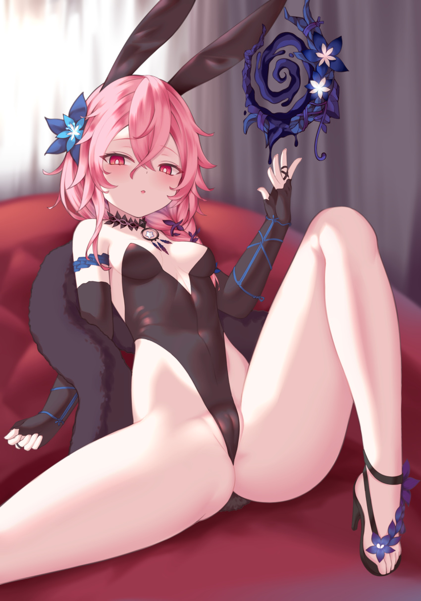 1girl absurdres animal_ears bare_legs black_choker black_footwear black_leotard black_sleeves braid breasts cameltoe choker commission couch daydreamer_(elsword) detached_sleeves elsword fake_animal_ears fake_tail flower fur_scarf hair_between_eyes hair_flower hair_ornament half-closed_eyes high_heels highres indoors laby_(elsword) leotard light_blush long_hair looking_at_viewer on_couch parted_lips pink_hair pixiv_commission playboy_bunny rabbit_ears rabbit_tail shakumaru single_braid small_breasts solo spread_legs strapless strapless_leotard tail thighs thorns