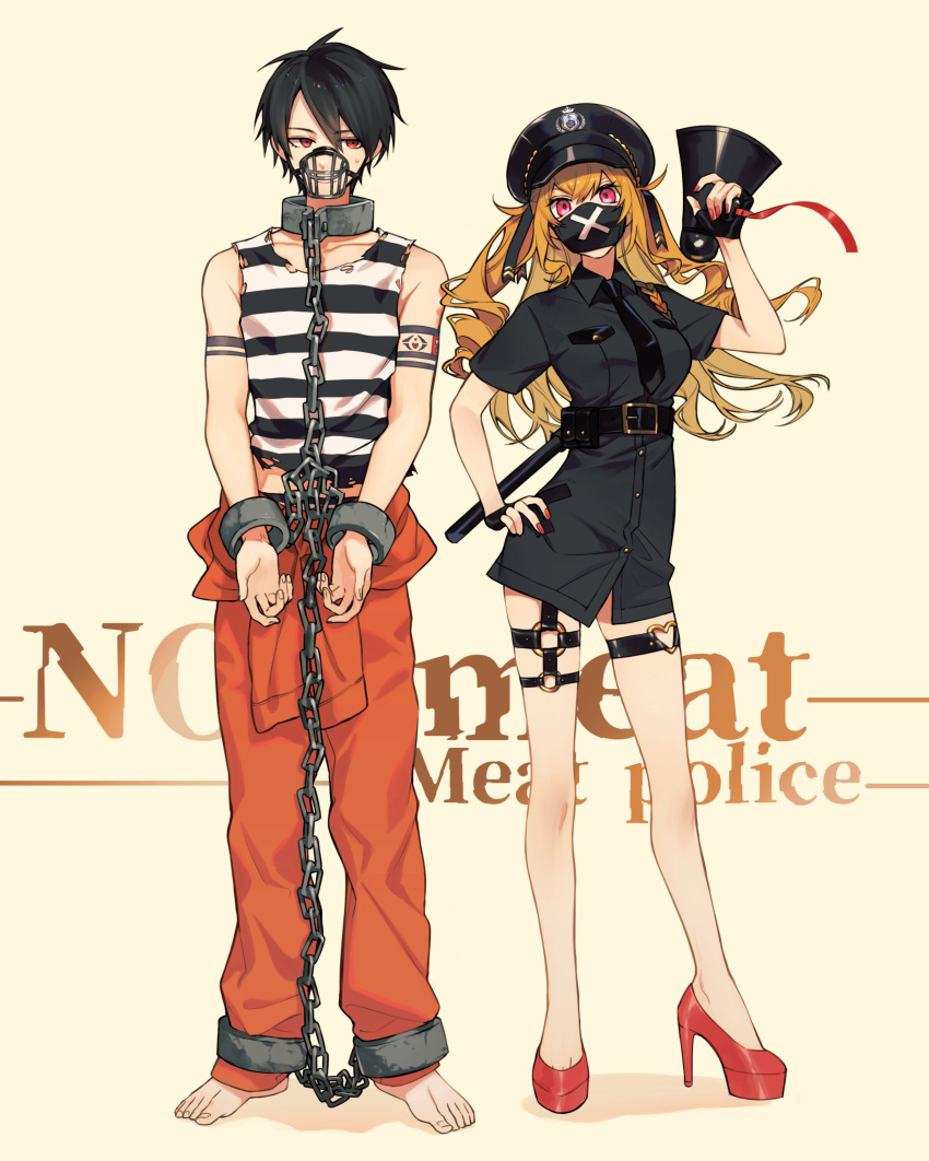 1boy 1girl absurdres arm_tattoo baton_(weapon) belt black_belt black_dress black_gloves black_hair black_headwear black_mask black_necktie black_shirt blonde_hair chain chained chained_wrists collar collared_dress cuffs dress fingerless_gloves full_body gloves hair_between_eyes hat high_heels highres holding holding_megaphone iv_4t long_hair megaphone metal_collar necktie nijisanji o-ring o-ring_thigh_strap police police_hat police_uniform policewoman prison_clothes prisoner red_eyes red_footwear red_nails shackles shirt short_hair short_sleeves sleeveless sleeveless_shirt standing striped striped_shirt sweatdrop takamiya_rion tattoo thigh_strap torn_clothes torn_shirt uniform virtual_youtuber weapon white_shirt yumeoi_kakeru