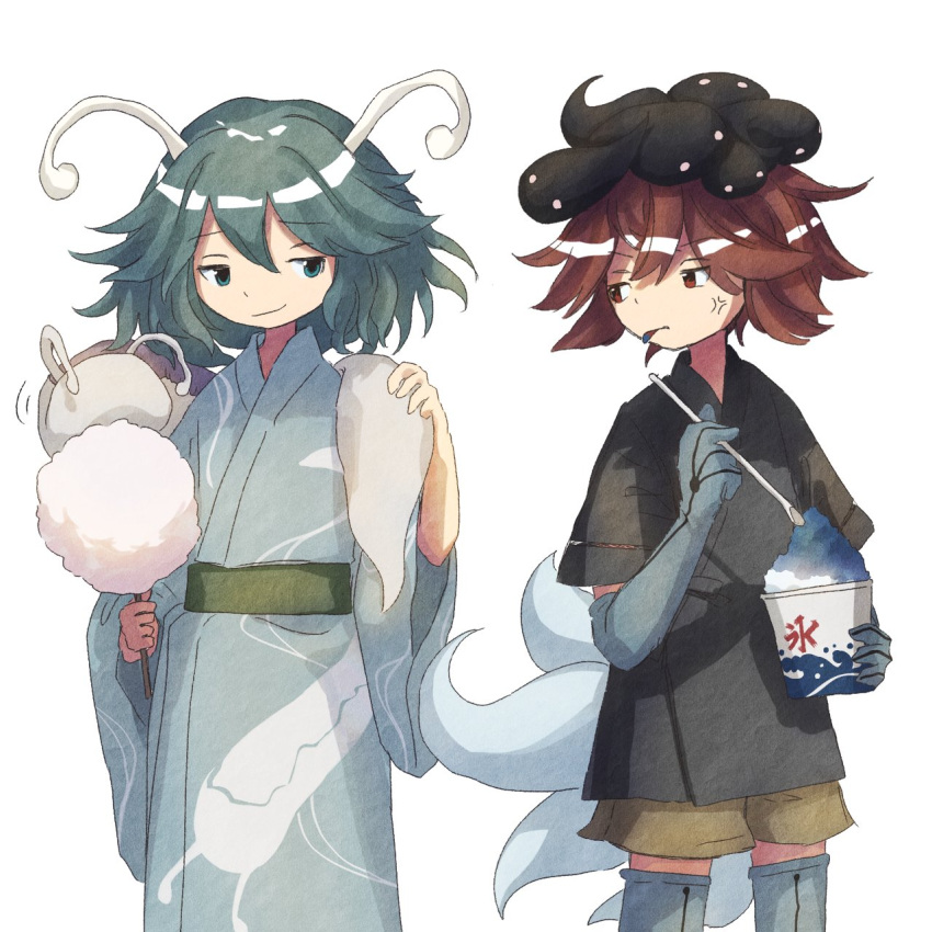 2others :q alternate_costume androgynous anger_vein animal_on_shoulder antennae azuma_kaisen black_headwear blue_eyes blue_gloves blue_hair blue_kimono blue_thighhighs blue_tongue brown_shorts closed_mouth colored_tongue commentary_request cotton_candy cup elbow_gloves food gloves green_sash grey_shirt guwara_mudafu highres holding holding_cup holding_food holding_spoon japanese_clothes kesa_kujiru kimono len'en long_sleeves looking_at_another motion_lines multiple_others multiple_tails no_headwear petting red_eyes red_hair sash shaved_ice shirt short_hair short_sleeves shorts slug slug_print smirk spoon tadpole_hat tadpole_tail tail thighhighs tongue tongue_out v-shaped_eyebrows white_background wide_sleeves