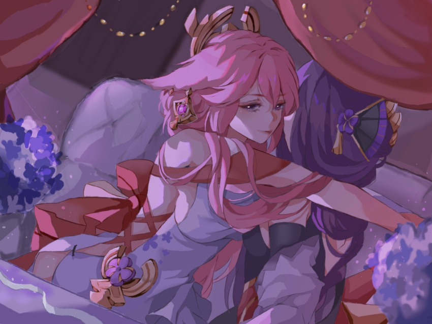 2girls animal_ears bed bedroom bow curtains dark_room earrings face-to-face faceless faceless_female flower from_side genshin_impact hair_between_eyes hair_ornament hug japanese_clothes jewelry long_hair looking_at_viewer looking_to_the_side multiple_girls on_bed pendant pillow pink_hair purple_eyes purple_flower purple_hair raiden_shogun red_bow xinjinjumin7186700 yae_miko yuri