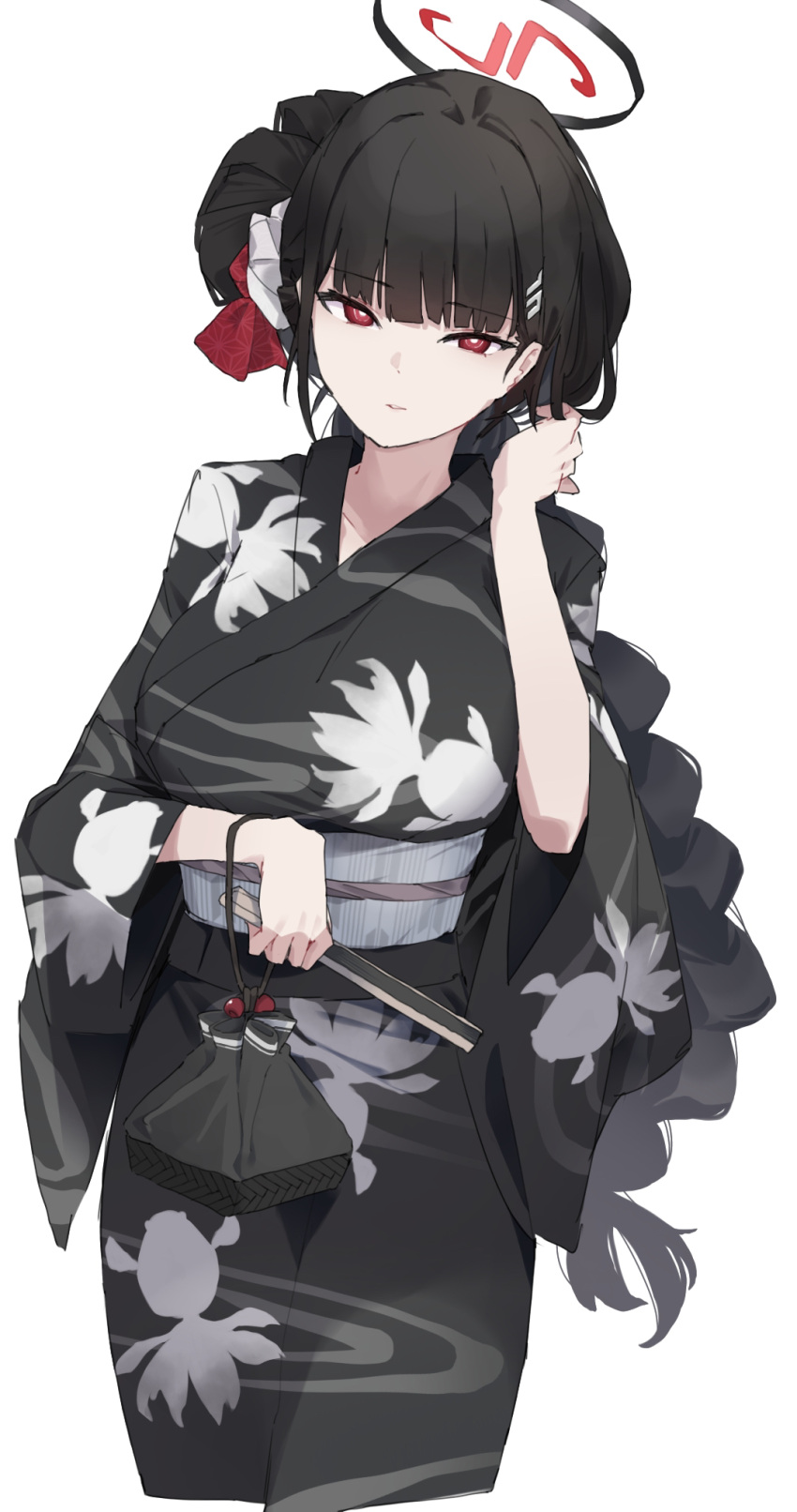 1girl alternate_hairstyle black_hair black_kimono blue_archive breasts check_commentary collarbone commentary_request hair_ornament hairclip halo hand_fan highres holding holding_fan japanese_clothes kimono large_breasts looking_at_viewer makkurourufu partial_commentary red_eyes rio_(blue_archive) yukata