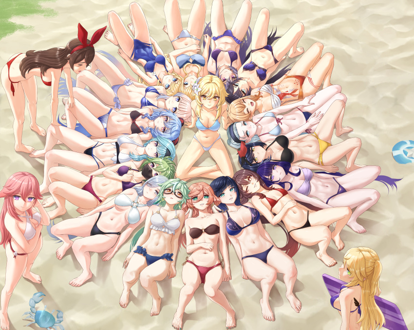 &gt;_&lt; 6+girls ^_^ absurdres animal aqua_hair arm_rest arm_support barefoot beach bent_over black_hair blonde_hair blue_eyes blue_hair breasts brown_hair character_request cleavage closed_eyes crab day fisheye from_above ganyu_(genshin_impact) genshin_impact glasses green_eyes green_hair grey_hair hair_between_eyes hair_slicked_back hairband highres hu_tao_(genshin_impact) knees_up large_breasts leaning_back legs_apart light_brown_hair linea_alba long_hair looking_at_viewer luizhtx lumine_(genshin_impact) lying mask medium_hair mona_(genshin_impact) mouth_mask multicolored_hair multiple_girls navel on_back one-piece_swimsuit one_eye_closed open_mouth outdoors pale_skin pink_hair purple_eyes purple_hair raiden_shogun sand side_ponytail sitting small_breasts smile standing stomach swimsuit toes very_long_hair